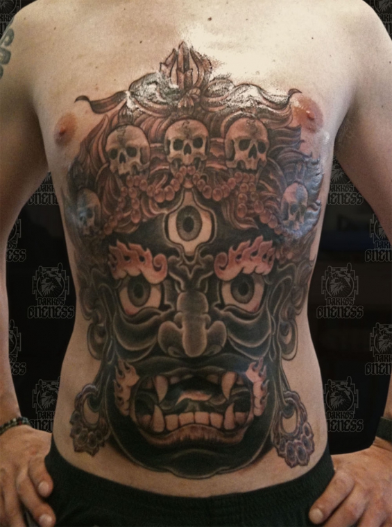 Tattoo Tibetan mahakala stomach by Darko groenhagen