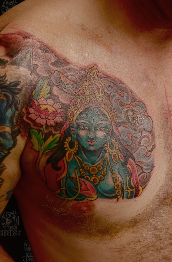 Tattoo Tibetan green tara and lotus by Darko groenhagen