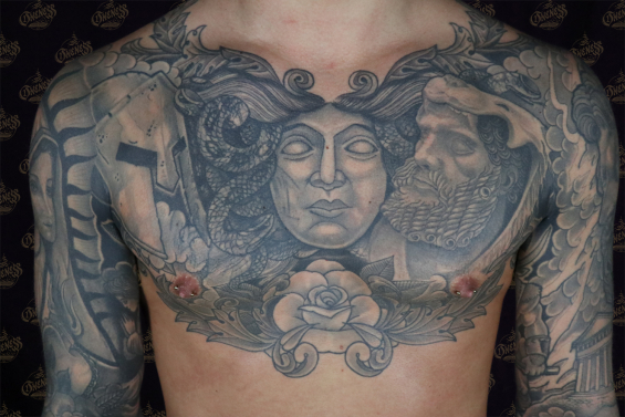 Sjoerd black and grey chestpiece tattoo