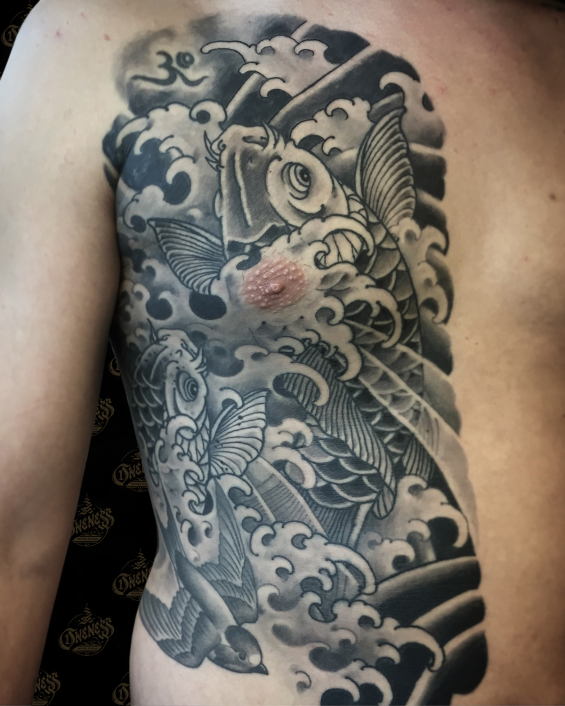 Vincent koi frontpiece tattoo