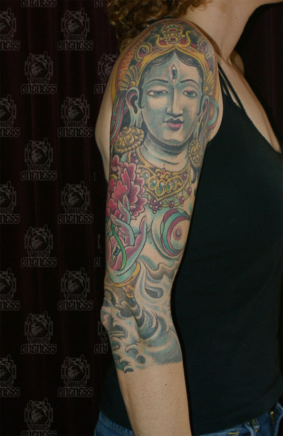 Tattoo Tibetan tara and lotus sleeve by Darko groenhagen