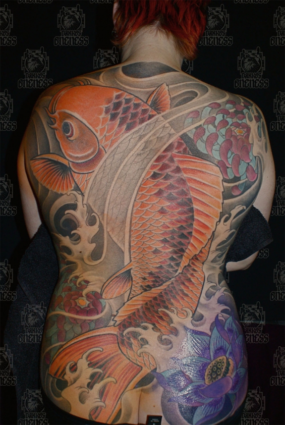 Tattoo Japanese orange koi backpiece by Darko groenhagen