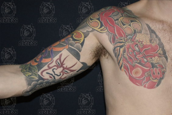 Tattoo Japanese red demon chest by Darko groenhagen