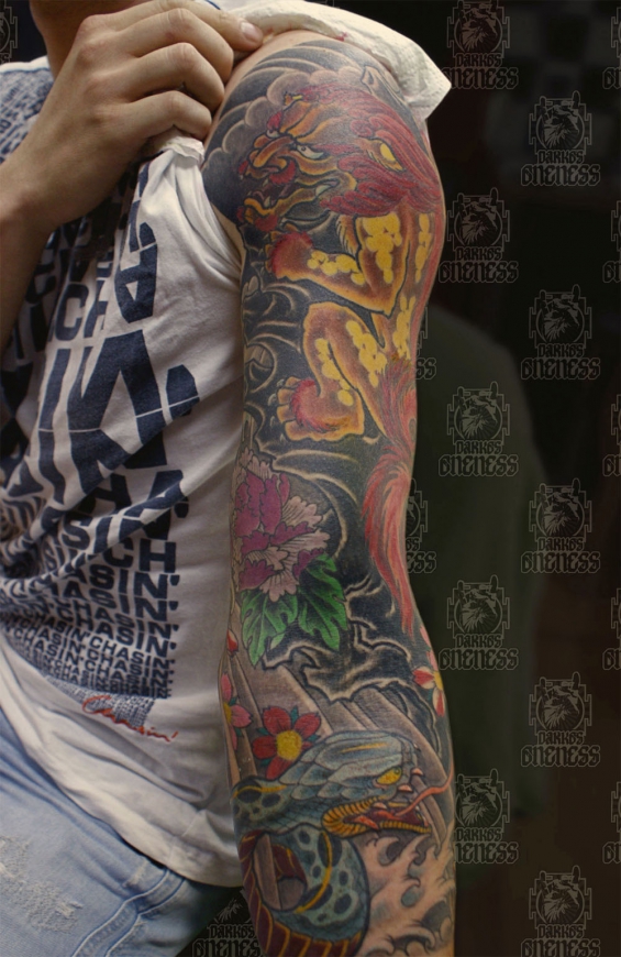 Tattoo Japanese fu dog snake arm by Darko groenhagen