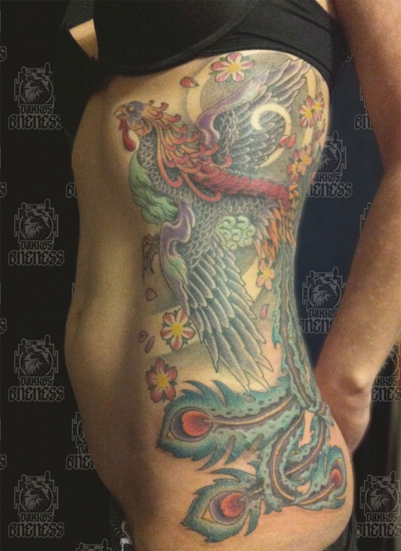 Tattoo Japanese colour peacock rib by Darko groenhagen