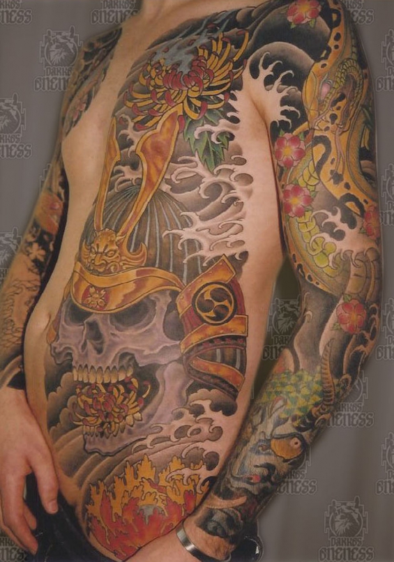 Tattoo Japanese samurai skull and peony by Darko groenhagen