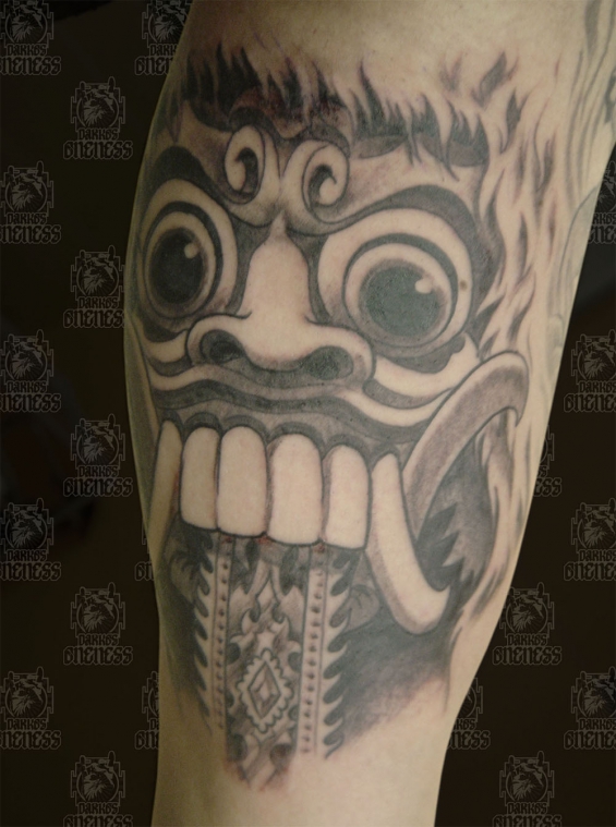 Tattoo Indonesian and indian black and grey barong by Darko groenhagen