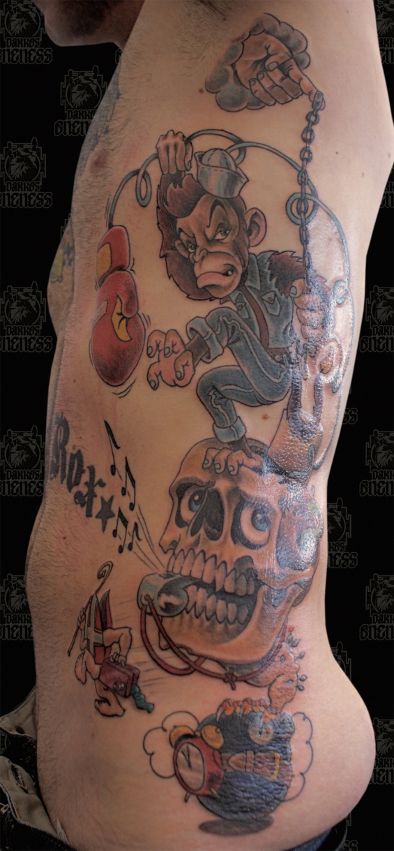 Tattoo Comic monkey with skull by Darko groenhagen