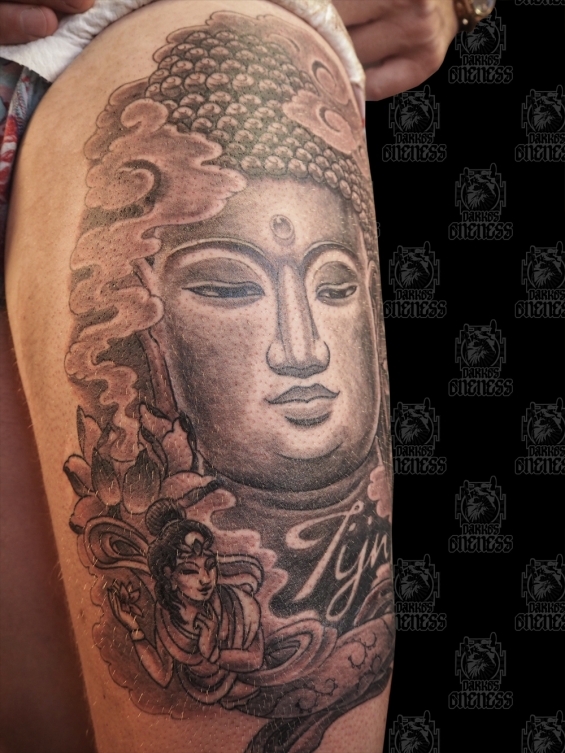 Tattoo Buddha leg by Darko groenhagen