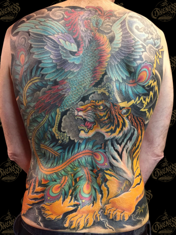 Tattoo Japanese tiger and phoenix backpiece by Darko groenhagen
