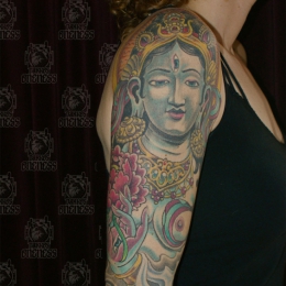 Tattoo Tibetan tara and lotus sleeve by Darko groenhagen