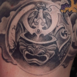 Tattoo Japanese mask black and grey by Darko groenhagen