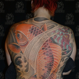 Tattoo Japanese orange koi backpiece by Darko groenhagen