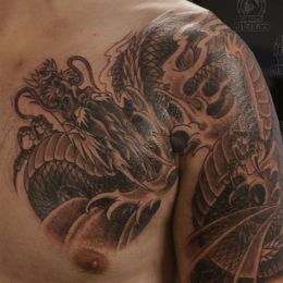 Tattoo Japanese water dragon chest by Darko groenhagen