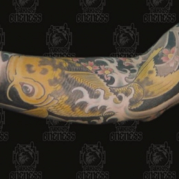 Tattoo Japanese golden koi arm by Darko groenhagen