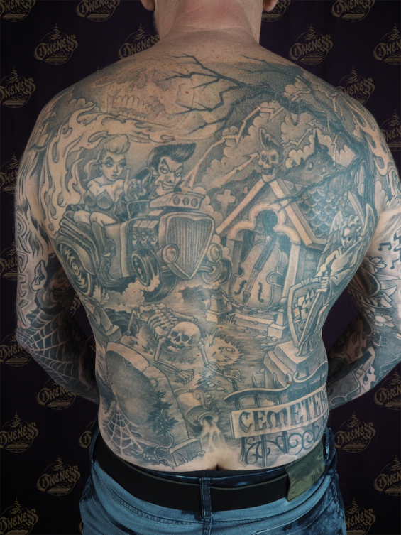 Darko graveyard backpiece healed tattoo