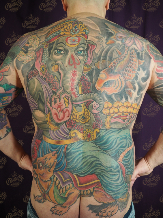 Darko ganesha backpiece healed tattoo