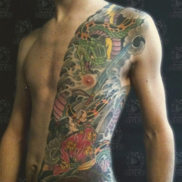 Tattoo Japanese swordfighter with snake by Darko groenhagen