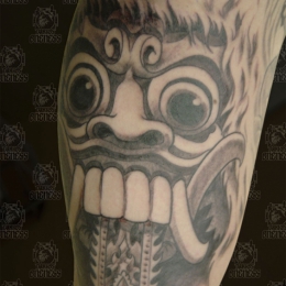 Tattoo Indonesian and indian black and grey barong by Darko groenhagen