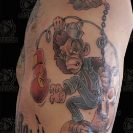 Tattoo Comic monkey with skull by Darko groenhagen