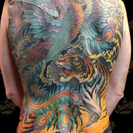 Tattoo Japanese tiger and phoenix backpiece by Darko groenhagen
